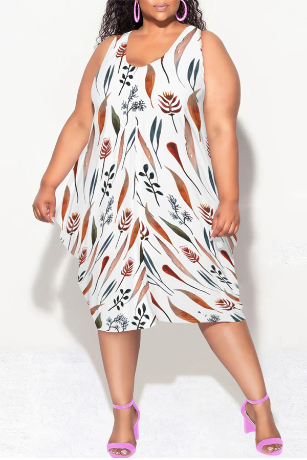 White Casual Letter Print Gradient Irregular Contrast U Neck Irregular Plus Size Dresses