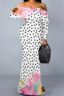 White Sexy Floral Print Polka Dot Ruffle Contrast Off Shoulder Long Dresses