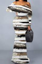 Black And White Sexy Floral Print Polka Dot Ruffle Contrast Off Shoulder Long Dresses