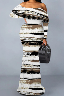 Black And White Sexy Floral Print Polka Dot Ruffle Contrast Off Shoulder Long Dresses