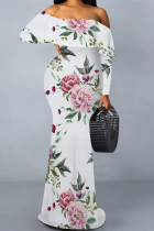 White Sexy Floral Print Contrast Off Shoulder One Step Skirt Dresses