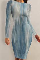 Baby Blue Casual Striped Print Gradient Contrast O Neck Printed Dresses