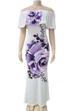 White Purple Sexy Flowers Print Ruffle Off Shoulder One Step Skirt Dresses