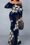Navy Blue Sexy Floral Print Polka Dot Ruffle Contrast Off Shoulder Long Dresses