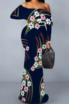 Navy Blue Sexy Floral Print Polka Dot Ruffle Contrast Off Shoulder Long Dresses