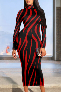 Black Red Casual Print Patchwork Half A Turtleneck Wrapped Skirt Dresses