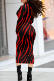 Black Red Casual Print Patchwork Half A Turtleneck Wrapped Skirt Dresses