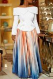 White Casual Gradient Color Patchwork Pleated Off Shoulder Long Sleeve Two Pieces