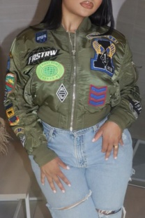 Army Green Casual Embroidery Patchwork Zipper Collar Outerwear