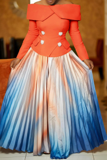 Tangerine Red Casual Gradient Color Patchwork Pleated Off Shoulder Long Sleeve Two Pieces