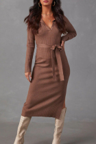Brown Casual Solid Color Patchwork Slit Strap Design Wrapped Skirt Dresses