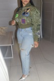 Army Green Casual Embroidery Patchwork Zipper Collar Outerwear