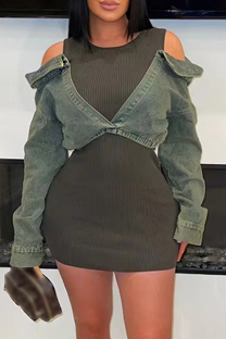 Green Casual Patchwork Hollow Out O Neck Long Sleeve Bodycon Denim Dresses