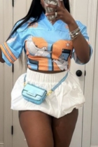 Sky Blue Casual Daily Print Patchwork V Neck T-Shirts