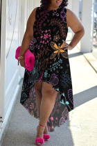 Black Casual Street Floral Print Irregular Contrast O Neck Irregular Plus Size Dresses