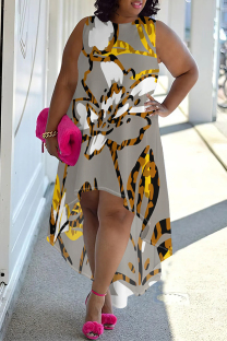 Grey Casual Street Floral Print Irregular Contrast O Neck Irregular Plus Size Dresses