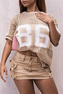 Khaki Casual Letters Hollow Out Patchwork O Neck T-Shirts