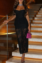 Black Sexy Solid Color Lace Patchwork Backless Strapless Long Dresses