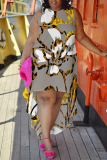 Grey Casual Street Floral Print Irregular Contrast O Neck Irregular Plus Size Dresses