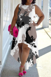 Grey Casual Street Floral Print Irregular Contrast O Neck Irregular Plus Size Dresses