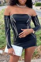 Black Sexy Print Backless Off the Shoulder Long Sleeve Dresses