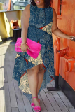 Grey Casual Street Floral Print Irregular Contrast O Neck Irregular Plus Size Dresses