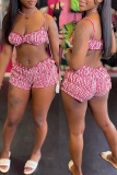 Red Sexy Plaid Print Backless Spaghetti Strap Sleeveless Two Pieces