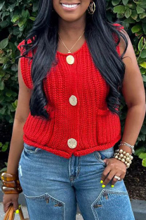 Red Casual Solid Color Buttons O Neck Tops
