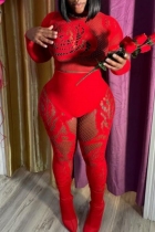 Red Sexy Hot Solid Color Hollow Out See-Through O Neck Long Sleeve Two Pieces