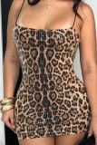 Coffee Sexy Leopard Sequins Backless Spaghetti Strap Wrapped Skirt Dresses