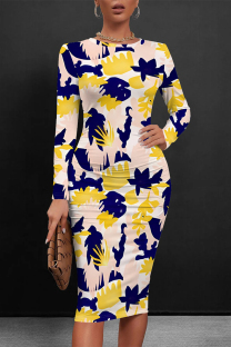 Blue Pink Casual Striped Print Tie Dye Contrast O Neck Printed Dresses