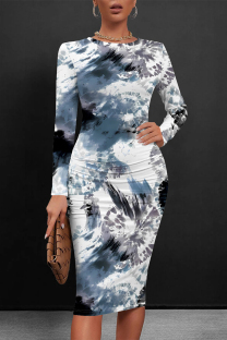 Medium Blue Casual Striped Print Tie Dye Contrast O Neck Printed Dresses