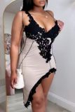 Champagne Sexy Patchwork Backless Spaghetti Strap Irregular Dresses