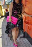 Grey Casual Street Floral Print Irregular Contrast O Neck Irregular Plus Size Dresses