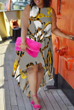 Grey Casual Street Floral Print Irregular Contrast O Neck Irregular Plus Size Dresses