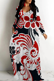 Black Red Casual Street Floral Print Pocket Contrast V Neck Printed Dresses