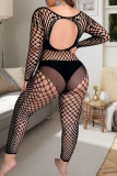 Black Sexy Solid Color Hollow Out See-Through Backless O Neck Plus Size Sleepwear