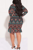 Grey Casual National Totem Lace Up Ruffle Contrast V Neck Printed Plus Size Dresses