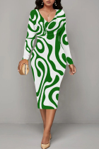 Green Casual Stripe Patchwork V Neck Wrapped Skirt Dresses