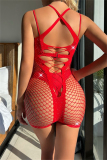Rose Red Sexy Living Patchwork Hot Drilling Hollowed Out See-through Backless Lingerie
