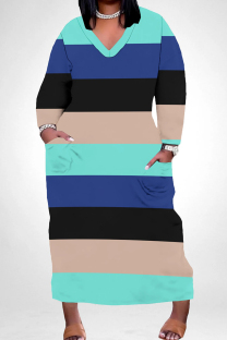 Cyanine Casual Colorblock Pocket Patchwork V Neck Straight Plus Size Dresses