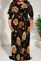 Orange Black Casual Print Patchwork O Neck Long Plus Size Dresses