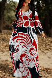 Black Casual Street Floral Print Pocket Contrast V Neck Printed Dresses