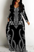 Black Casual Street Floral Print Pocket Contrast V Neck Printed Dresses