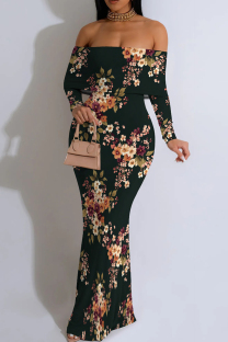 Ink Green Elegant Print Patchwork Backless Off Shoulder Long Dresses