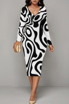 Black And White Casual Stripe Patchwork V Neck Wrapped Skirt Dresses