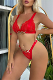 Red Sexy Solid Patchwork Metal Accessories Decoration Backless Lingerie