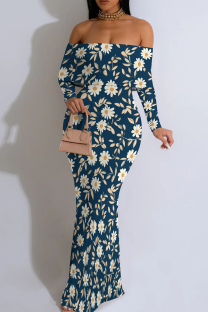 Dark Blue Elegant Print Patchwork Backless Off Shoulder Long Dresses