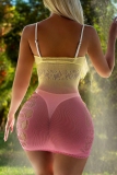 Yellow Pink Sexy Gradient Hollow Out See-Through Backless Lingerie