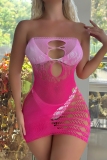 Rose Red Sexy Gradient Hollow Out See-Through Backless Lingerie